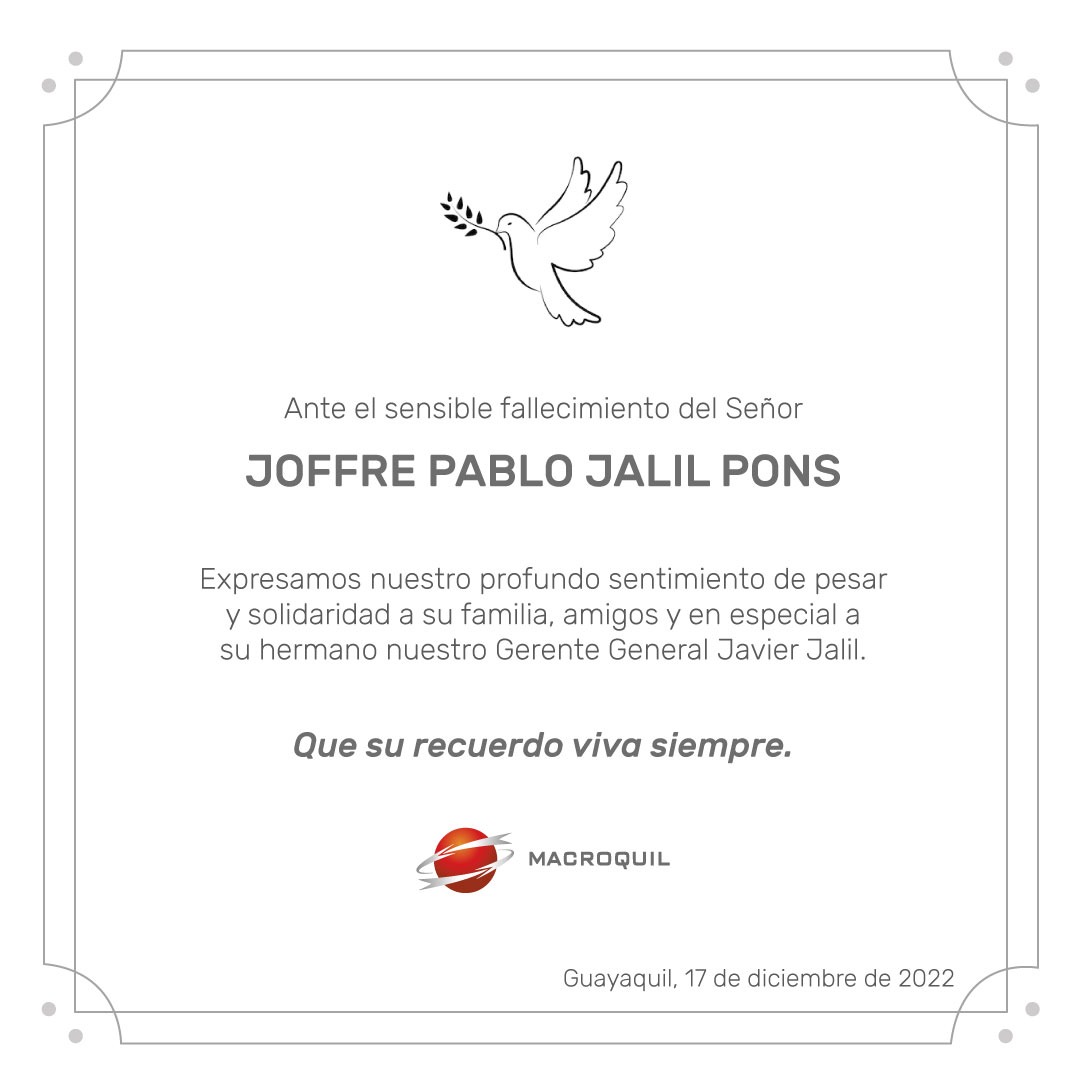 MACROQUIL's tweet photo. Con profundo pesar lamentamos el fallecimiento de un gran amigo Pablo Jalil Pons, hermano de nuestro Gerente General Javier Jalil Pons.
Expresamos nuestra solidaridad con su familia y amigos. 

Buen viento y buen mar capitán Pablo Jalil 🤍
Paz en su tumba.🕊️ https://t.co/L7MTZxXZYY
