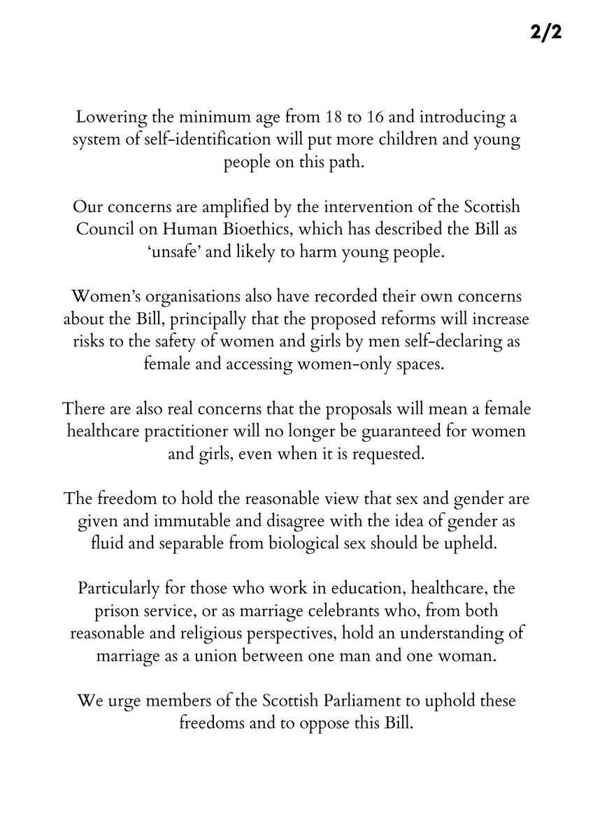 Lowering the minimum age from 18 to 16 and introducing a system of self-identification will put more children and young people on this path.
Our concerns are amplified by the intervention of the Scottish Council on Human Bioethics, which has described the Bill as ‘unsafe’ and likely to harm young people.
Women’s organisations also have recorded their own concerns about the Bill, principally that the proposed reforms will increase risks to the safety of women and girls by men self-declaring as female and accessing women-only spaces.
There are also real concerns that the proposals will mean a female healthcare practitioner will no longer be guaranteed for women and girls, even when it is requested.
The freedom to hold the reasonable view that sex and gender are given and immutable and disagree with the idea of gender as fluid and separable from biological sex should be upheld.