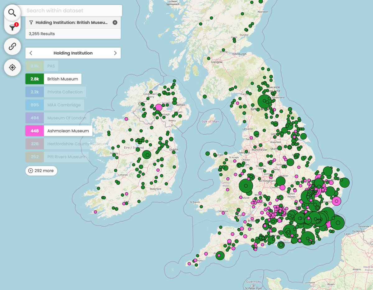 The mapping interface is powered by @aboutgeo's magnificent Peripleo system (software dev partly funded by @nat_collection @britishlibrary) and enables searches based around geocoded findspots and the publicly accessible geodata sourced from @findsorguk