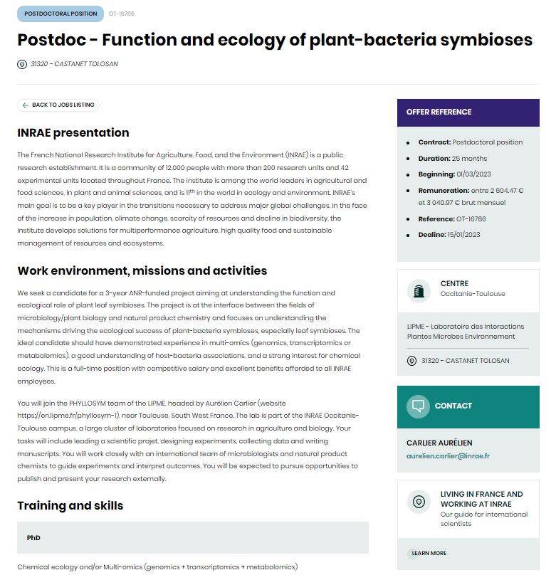 [#Job] We are looking for a postdoc to work on a 3-year project in #LIPME_Phylosym, in Toulouse, to study the physiological and ecological function of specialized metabolites of plant-bacteria symbioses, beginning March 2023.
Apply 🔗jobs.inrae.fr/en/ot-16786