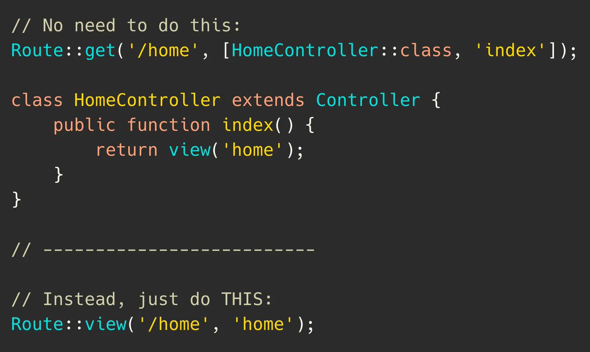 PovilasKorop's tweet photo. Laravel tip. You can use `Route::view($uri, $bladePage)` to return a view directly, without using the controller. https://t.co/nOP3r3tb03