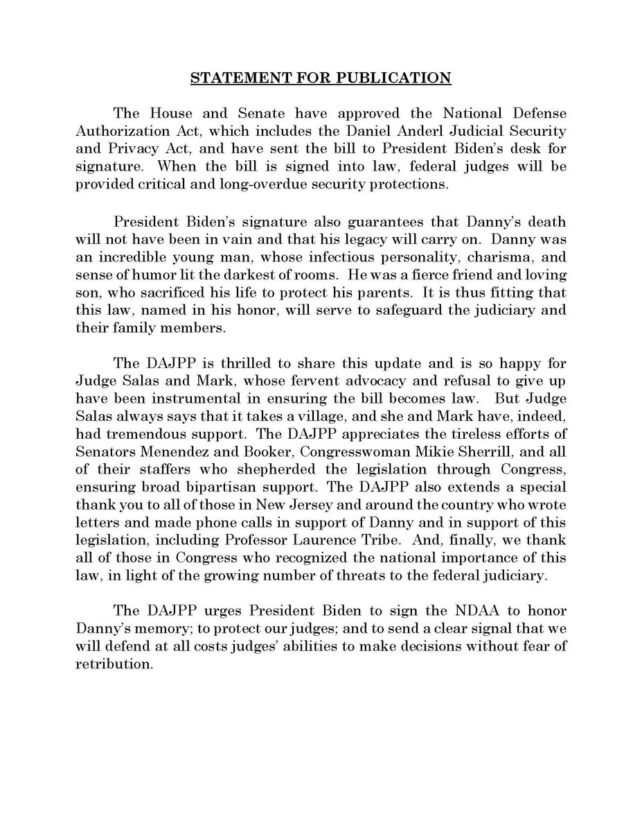 The House and Senate have approved the NDAA. The judicial security bill is on its way to President Biden. Federal judges are one step closer to having critical and long-overdue security protections. 
<a href="/SenatorMenendez/">Senator Bob Menendez</a>
<a href="/CoryBooker/">Cory Booker</a>
<a href="/RepSherrill/">Rep. Mikie Sherrill</a>
<a href="/tribelaw/">Laurence Tribe 🇺🇦 ⚖️</a>