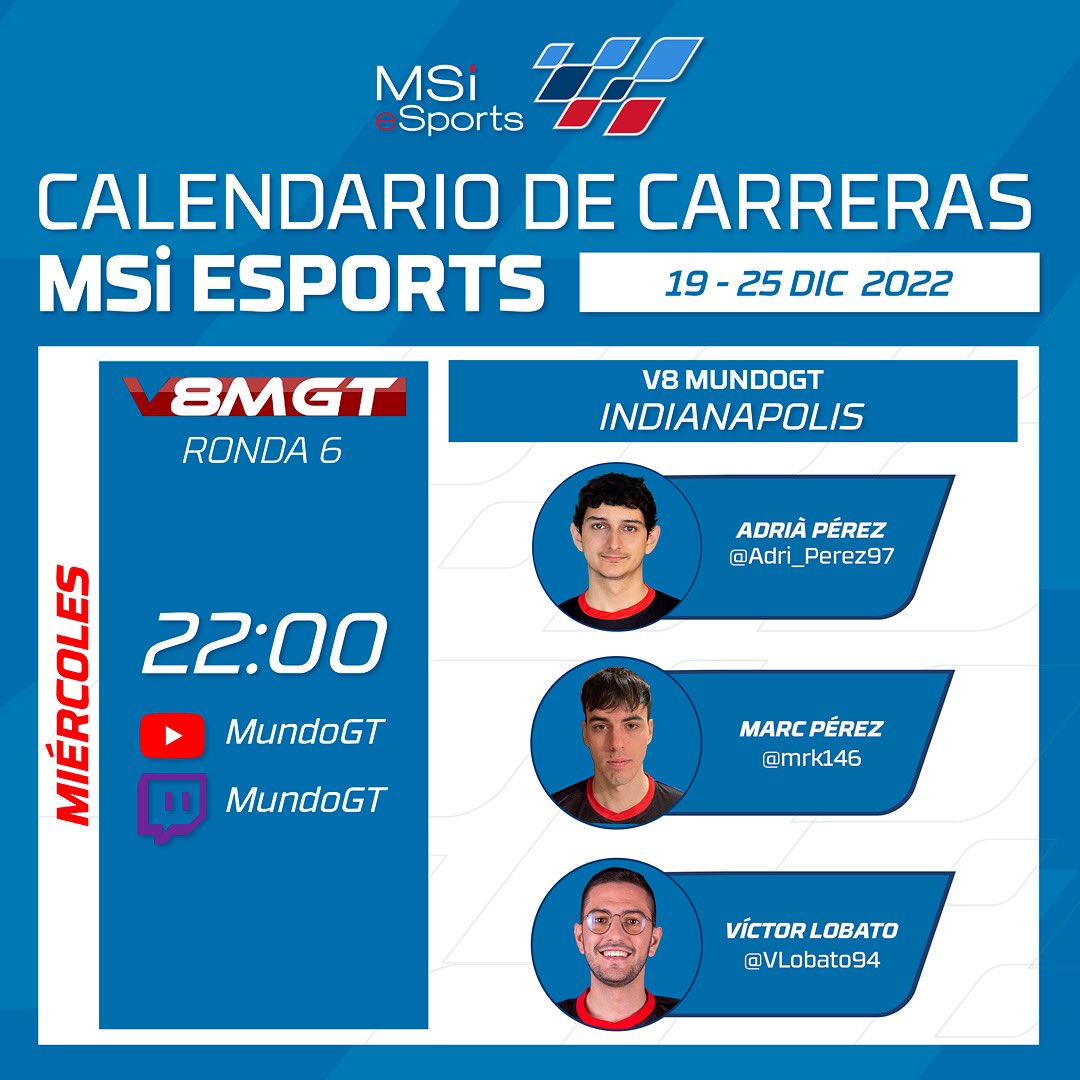 🌪NUEVA CITA DE LA V8MGT. Este miércoles 21 de diciembre a las 22:00 vuelve la acción en el circuito de INDIANÁPOLIS ! Víctor Lobato, Adrià Pérez y Marc Pérez pelearán por subirse a lo más alto. 

#msiesports #msispain #esports #superligadeturismos