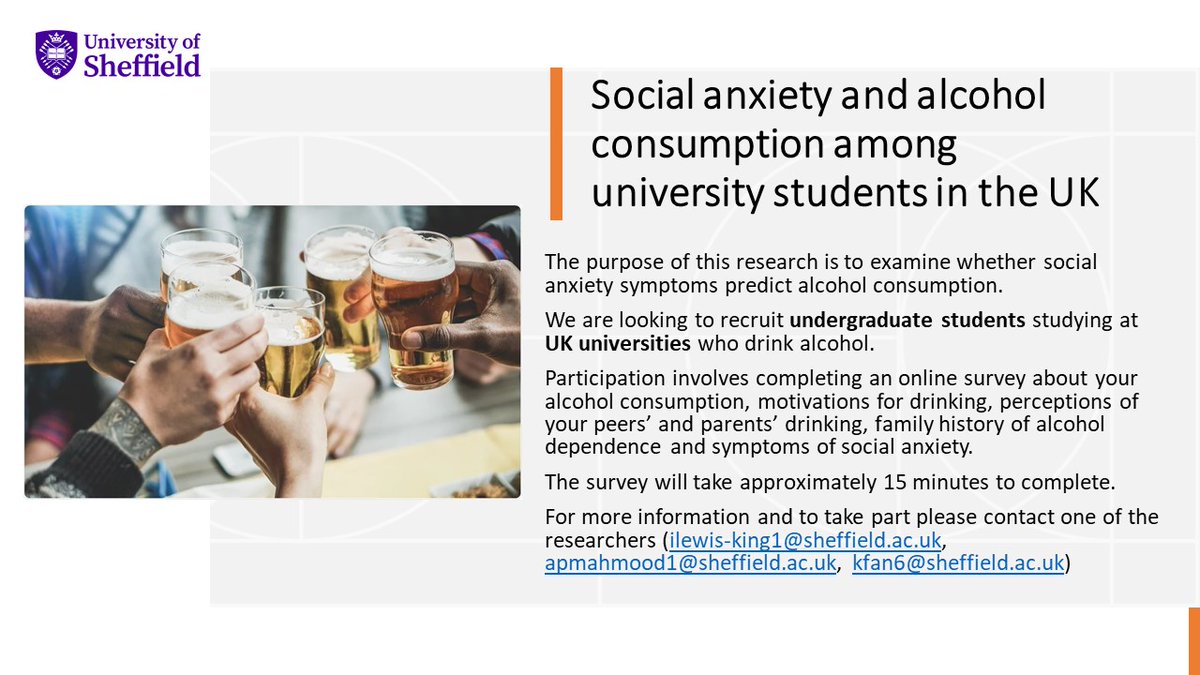 📣Please share: We are conducting a research project on the relationship between social anxiety and alcohol consumption among undergraduate students at UK universities. To take part: sheffieldpsychology.eu.qualtrics.com/jfe/form/SV_6J…