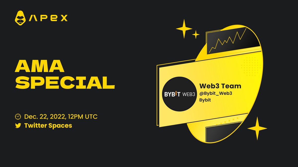 OfficialApeXdex's tweet image. 📢Calling all #ApeXers,

Tune in to the AMA special with the team from @Bybit_Web3 as we discuss how the integration between Bybit and #ApeXPro will shape the future of #Web3.

📅Date/Time: Dec. 22, 2022, 12PM UTC
📍RSVP: 
👇Drop your Qs