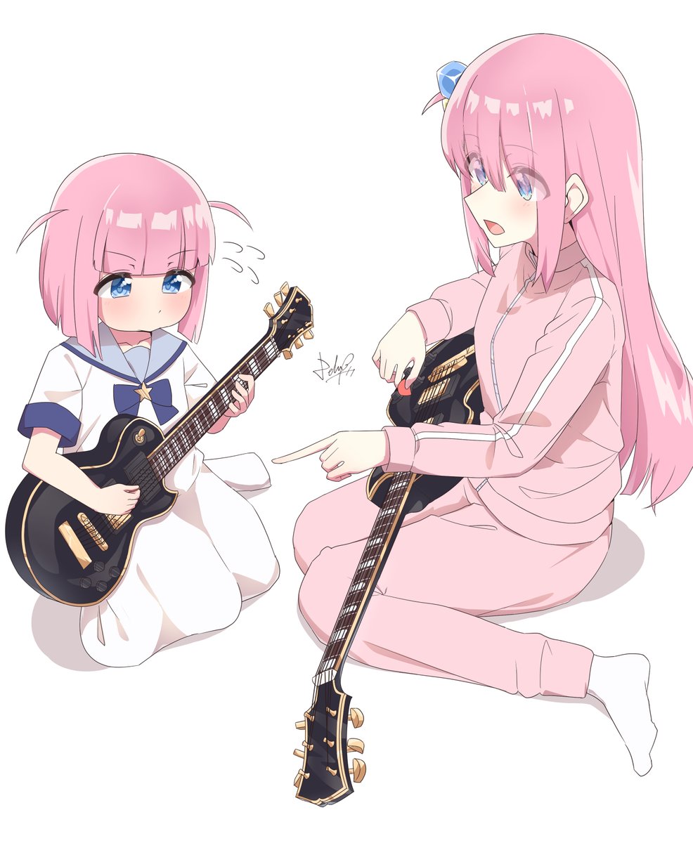 gotou hitori cube hair ornament multiple girls 2girls pink hair instrument pink jacket guitar  illustration images