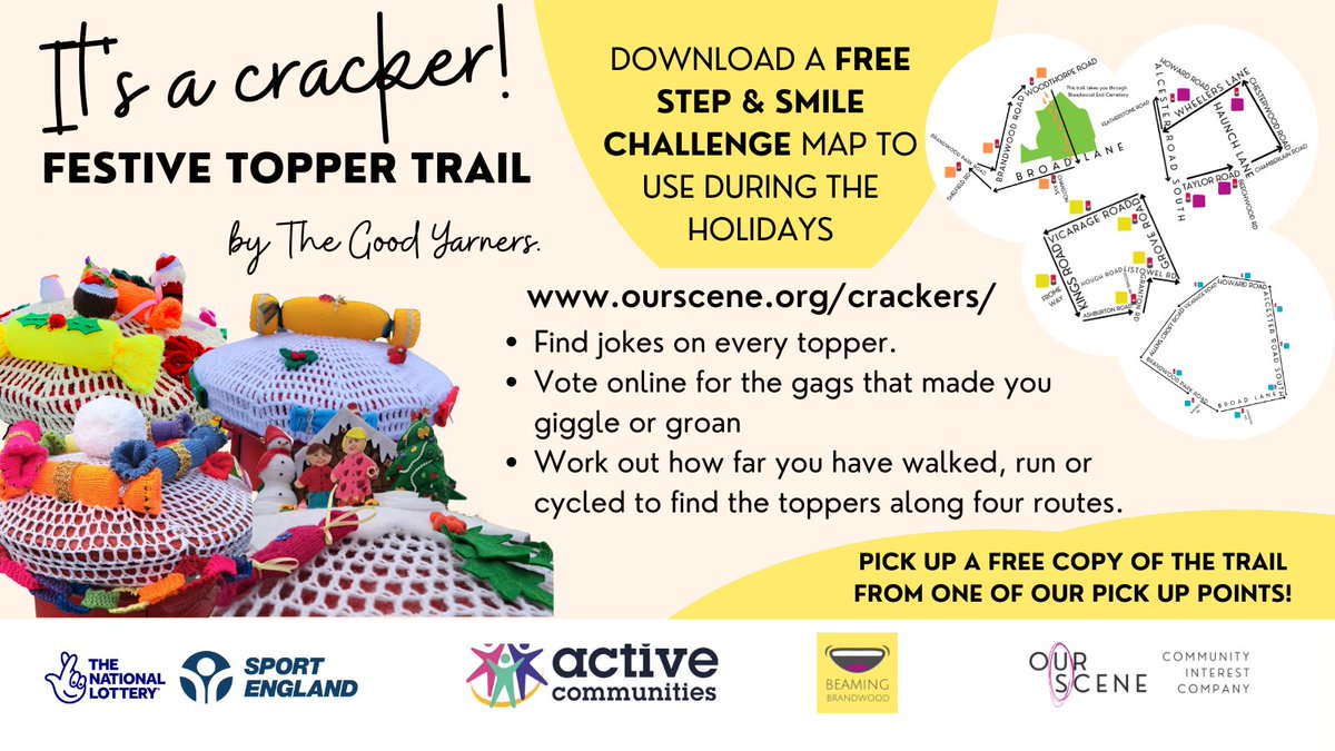 You can now download the Festive Topper Trail and Step & Smile Challenge from ourscene.org/crackers/ or pick up a printed copy from Woodbridge Provisions (Woodbridge Road), Brooklyn Barbers Club (Vicarage Road) or Tesco Express (Alcester Road South) during their opening times!