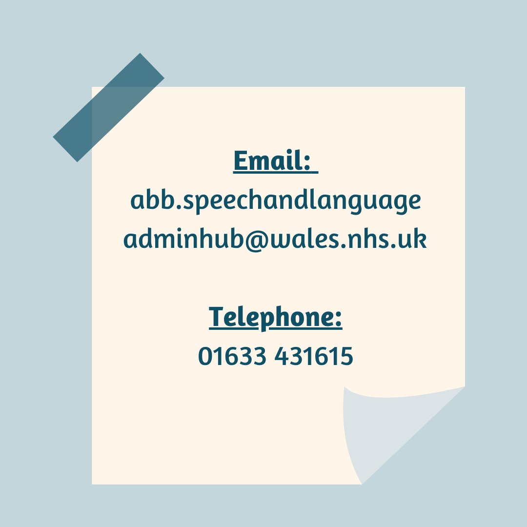 Our contact details have changed📞💻

We now have a dedicated booking and admin hub. Please contact our friendly team on 01633 431615 or email abb.speechandlanguageadminhub@wales.nhs.uk if you need to get in touch.