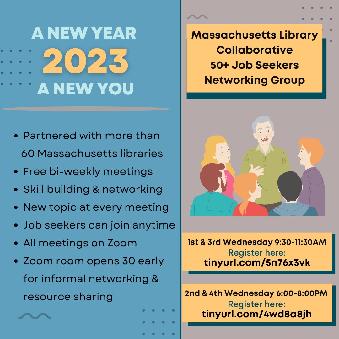 woburnlibrary's tweet image. Are you unemployed &amp;amp; actively looking, seeking a new career direction, re-entering the job market after a long  gap, or retired &amp;amp; looking for a "Second Act"?  Then this group is just what you need! Remember, 85% of jobs are found through networking!  #woburn #woburnlibrary #jobs