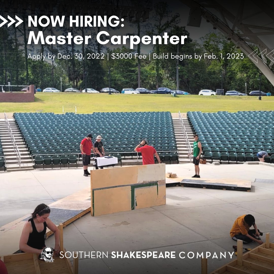 SouthernShakes's tweet photo. Southern Shakespeare Company seeks to hire a master carpenter for the set build of the FREE Shakespeare in the Park Festival 2023 mainstage, Antony &amp; Cleopatra. 

See the job listing at https://t.co/hu9fODVzzm https://t.co/wE74jWVq9W