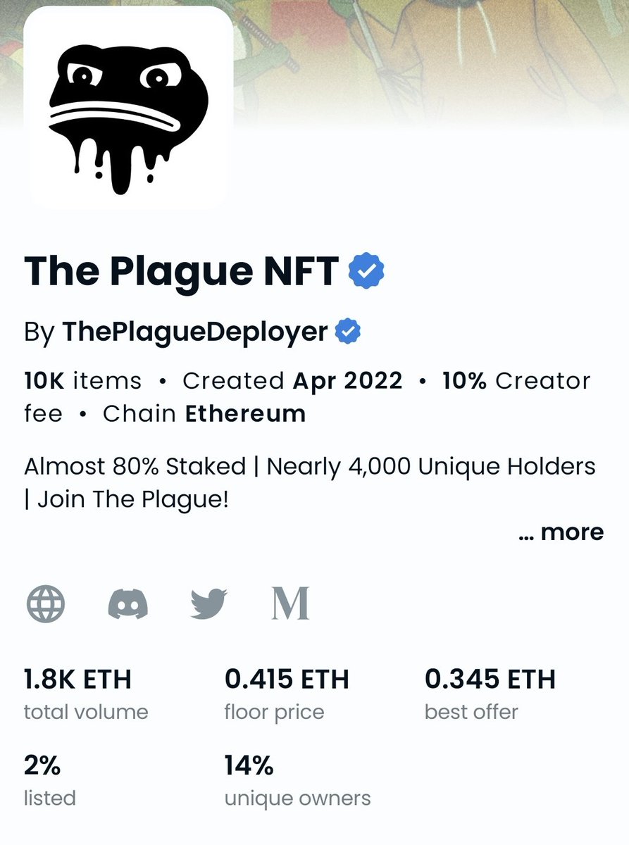 - Born in bear (Mar '22)
- 0 influencers / whales 
- 0 collabs
- Minted hrs, not mins
- Poll destroyers  
- Top 1% pfp usage 
-  0 utility to 1 of few w/ real utility
- 0.03 mp > 0.42 fp
- Still <2% listed

Told you, we don't care about FP. 

Spread <a href="/ThePlagueNFT/">The Plague Of Frogs 🐸</a>.  

Ribbit 🐸⚔