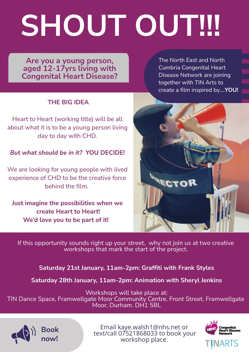 The North East and North Cumbria Congenital heart disease network are joining together with TIN Arts to create a film all about you, inspired by young people living with congenital heart disease #CHD
Contact Kaye for details!
