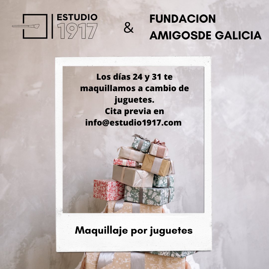 Si eres de Santiago, alrededores o simplemente te pilla de paso, los amig<a href="/s/">『S』</a> de #Estudio1917 te maquillan gratis a cambio de un juguete nuevo para que tod@s los niñ@s puedan estrenar su regalo esta #navidad.

No olvidéis pedir cita previa!