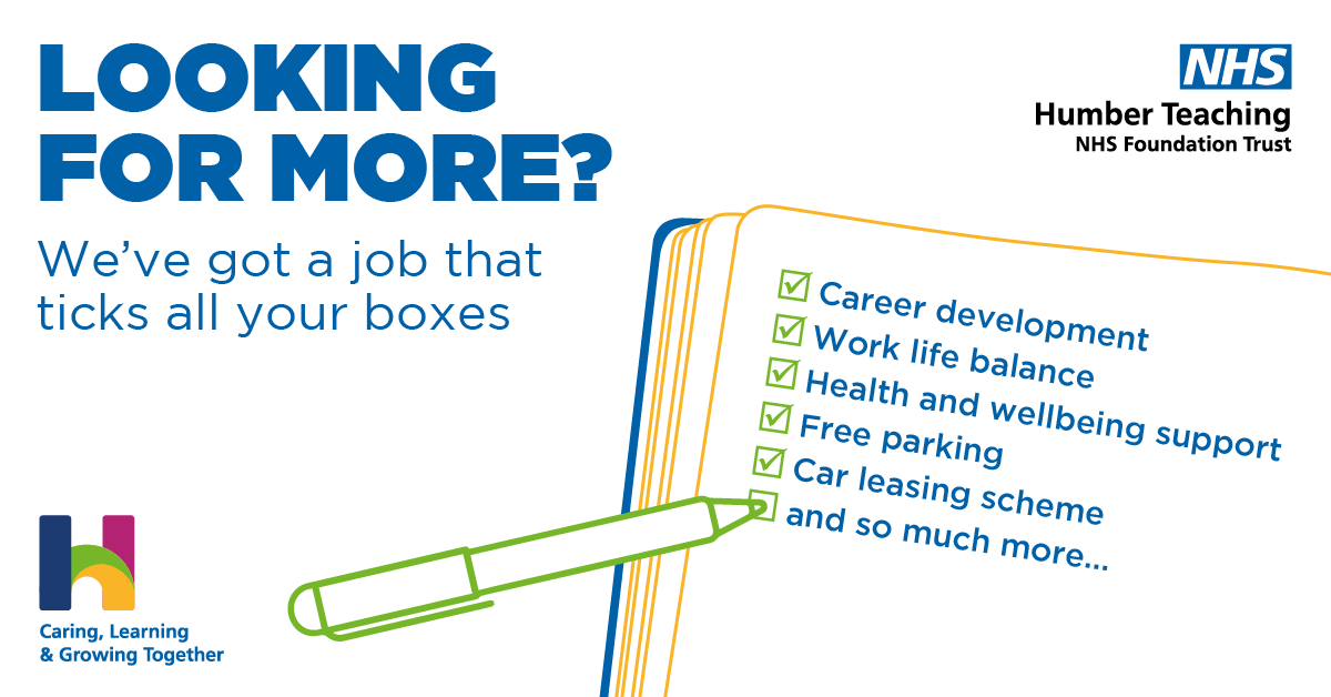 HumberNHSFT's tweet photo. Find a role that gives you more.

✔️ Career development
✔️ Work-life balance
✔️ Health and wellbeing support
✔️ Free parking
✔️ Car leasing

....and more

https://t.co/U2fHIuSUub https://t.co/vFukNzGS46