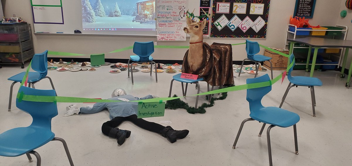 Grandma got run over by a reindeer and today, in 5th grade, we are using our investigative skills to determine which reindeer it was. 

Don't worry, she's just resting after the collision. Sheriff Snowflake has asked her not to move until we figure things out...🤭 #DavisDriven