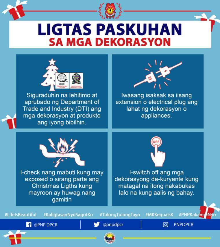 PasayPolice's tweet photo. Narito ang mga Ligtas Paskuhan Safety tips na maaaring isa-alang-alang sa pagbili at paggamit ng mga dekorasyon sa araw ng Kapaskuhan. 
#SAFENCRPO #LifeIsBeautiful #KaligtasanNyoSagotKo #MKKequalsK #TulongTulongTayo #PNPKakampiNyo 
#TeamPNP #WeServeAndProtect
#Makatao #Makabansa https://t.co/qd06g2SAba