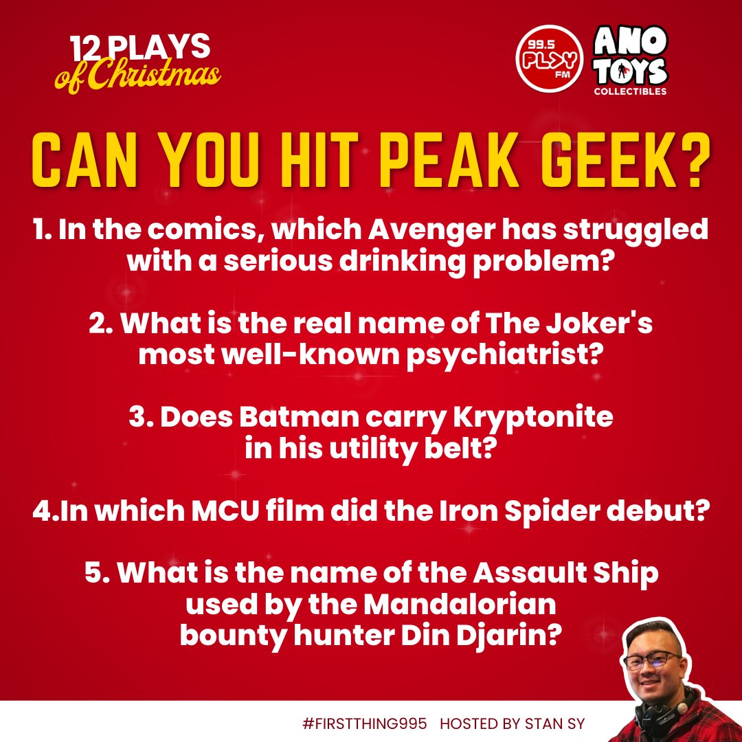 995PlayFM's tweet photo. It's the last day of #12PlaysOfChristmas, and you can win a Cosbaby or vouchers from @anotoysph!
Just answer these 5 questions correctly ๐๐ฝ and add your full name for a chance to win! Can you hit #PeakGeek? ๐ค
Join @_StanSy on #FirstThing995 now ๐๐ฝ https://t.co/lmpcl6Ez3E https://t.co/kKDMW0ZTaN