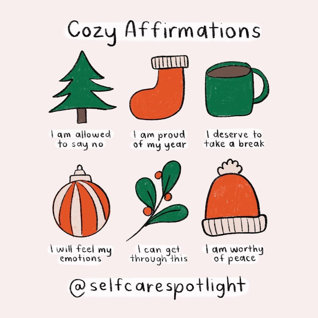 Here's some festive affirmations courtesy of @selfcarespotlight. Which ones are resonating with you? Saying 'no' and deserving to take a break are definitely jumping out at me! 🙌