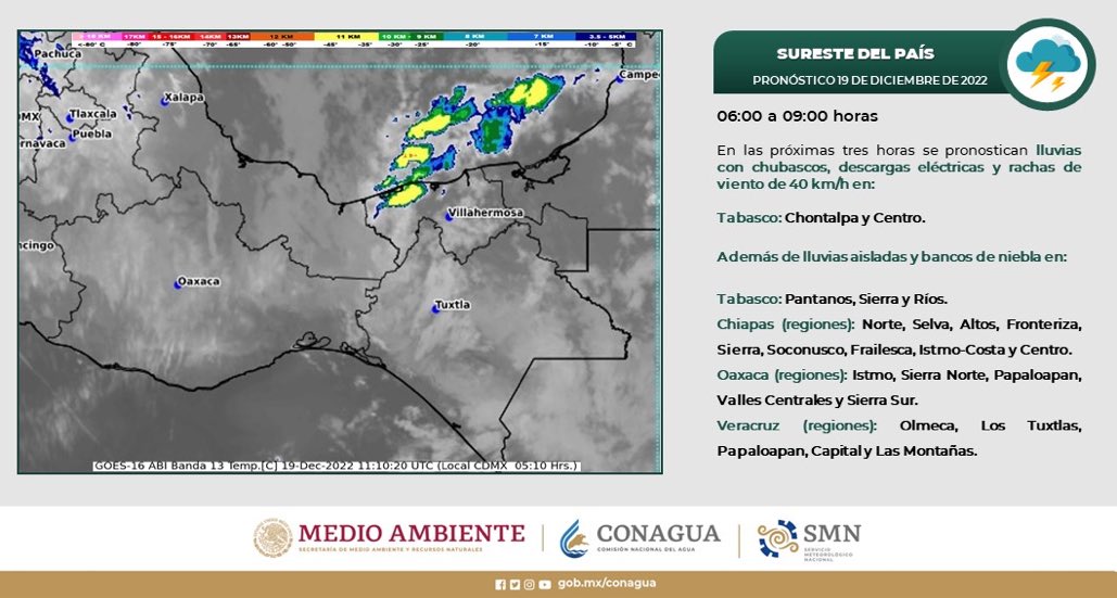 sofyvaldivia's tweet photo. 📍✍️ Para las próximas tres horas se prevén #Lluvias con #Chubascos en #Tabasco, y bancos de #Niebla en el resto del estado de #Tabasco, #Chiapas, #Oaxaca y #Veracruz.⬇️ https://t.co/SmC1wWAvr3