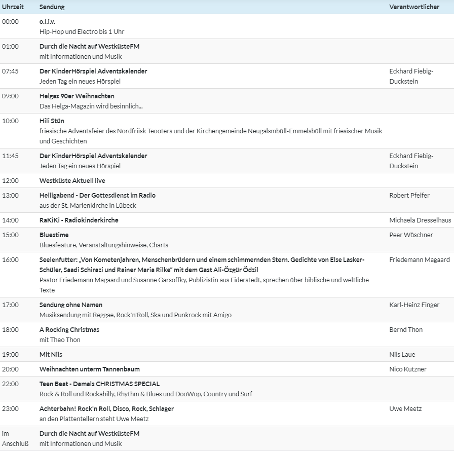 Am 24. Dezember wartet ihr morgens mit uns auf den #Weihnachtsmann, feiert am Nachmittag Gottesdienste und rockt später den #Heiligabend.

Habt tolle Weihnachtstage mit WestküsteFM über UKW in #Dithmarschen und #Nordfriesland sowie weltweit im livestream.okwk.de! 🎄

!B