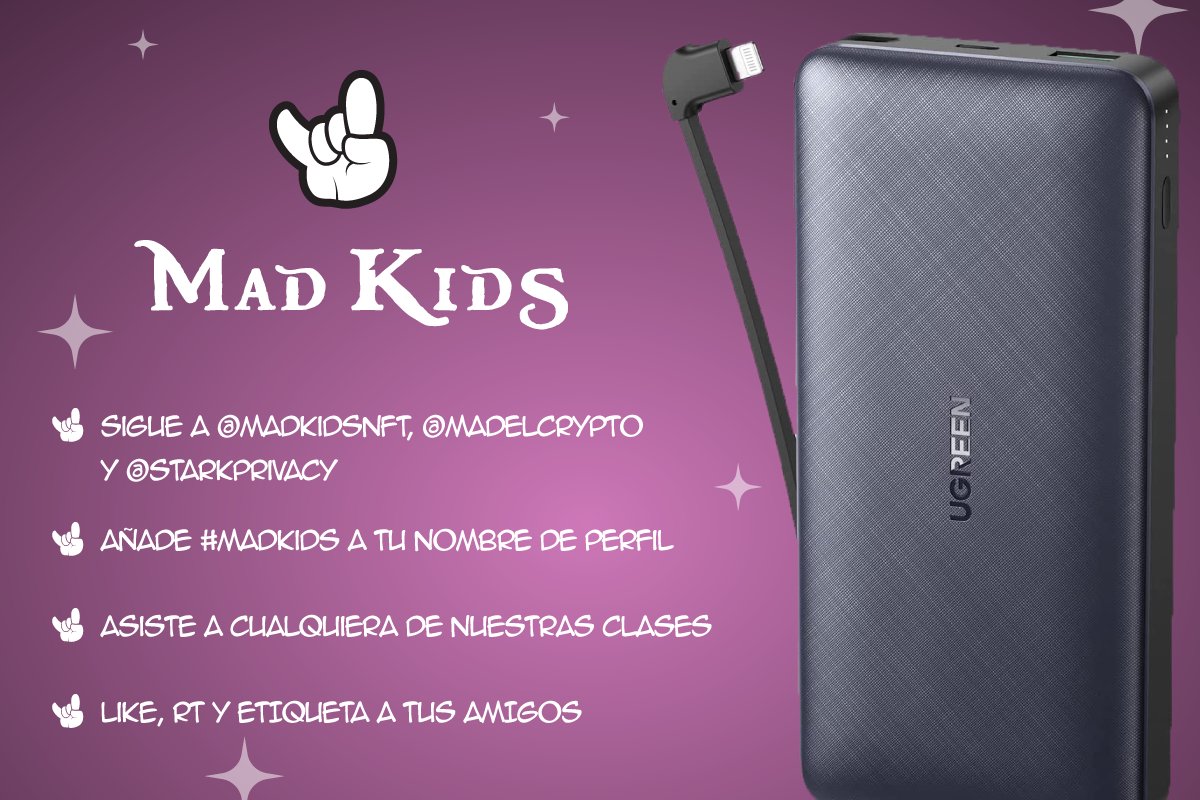 🚨 Mad Kids #Giveaway 🚨

🏆Sorteo de una PowerBank UGREEN 20000mAh valorada en 50€

1⃣ Sigue a <a href="/MadKidsNFT/">Mad Kids</a> <a href="/MadelCrypto/">Madel Crypto</a> y <a href="/StarkPrivacy/">Stark</a>  
2⃣ Añade #MadKids a tu nombre de perfil
3⃣ Asiste a cualquiera de nuestras clases
4⃣ Like, RT &amp; etiqueta a tus amigos

#Giveaways #NFTs #NFT