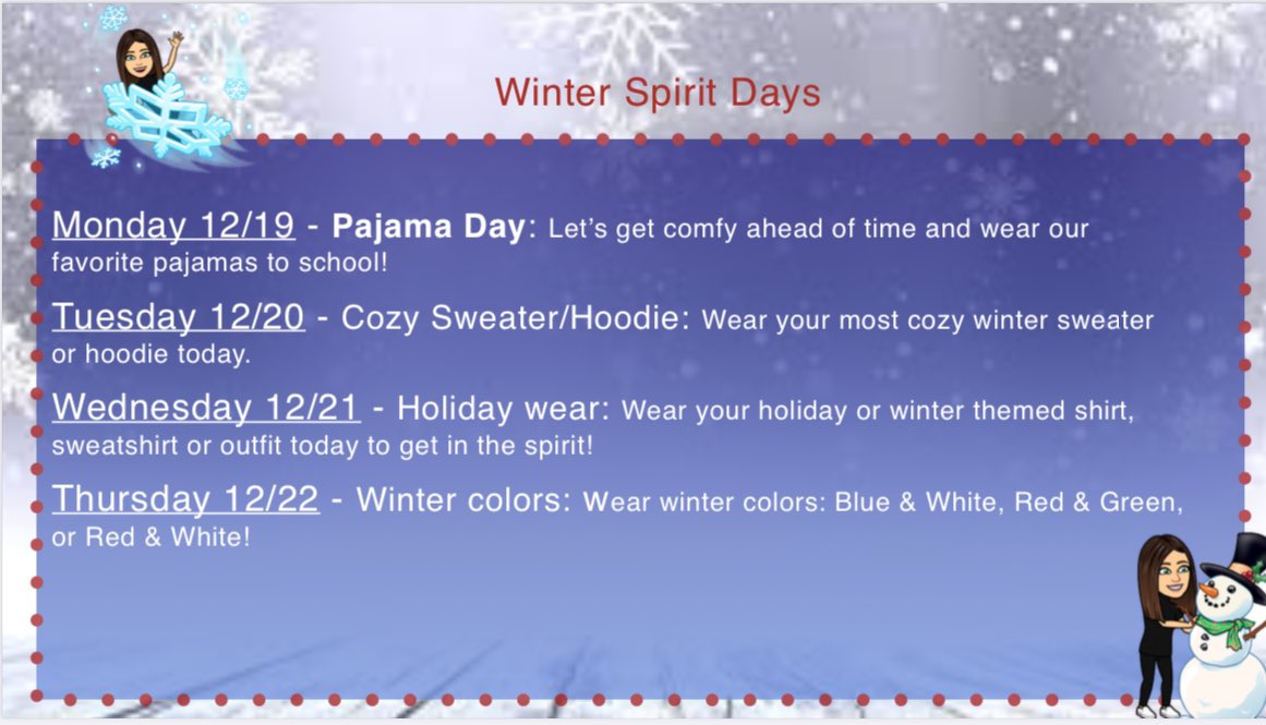 Winter Spirit Week Days this week! ❄️ ❄️