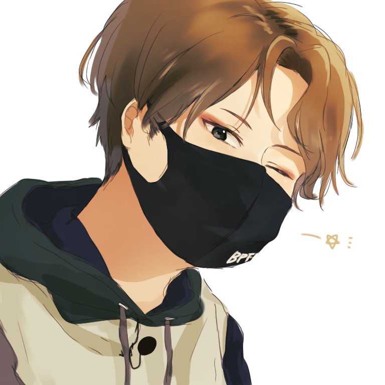 mask 1boy male focus mouth mask solo brown hair hood  illustration images