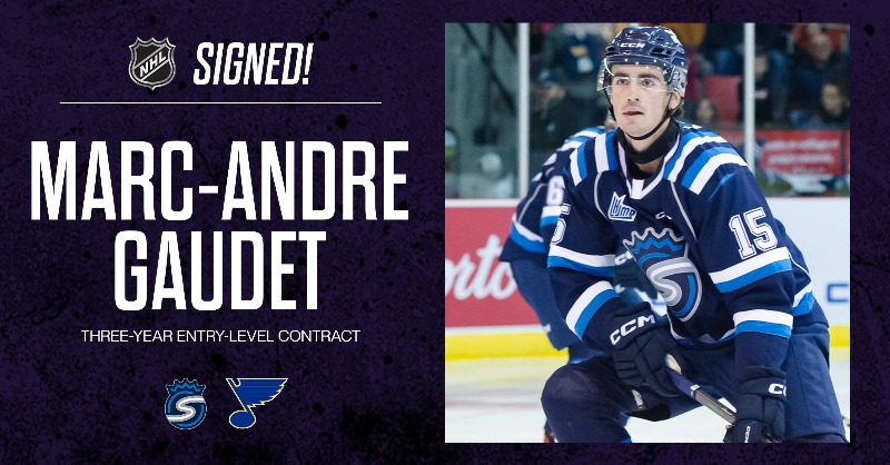 CHLHockey's tweet photo. Marc-Andre Gaudet has inked a three-year ELC with the @StLouisBlues! 👏🏻