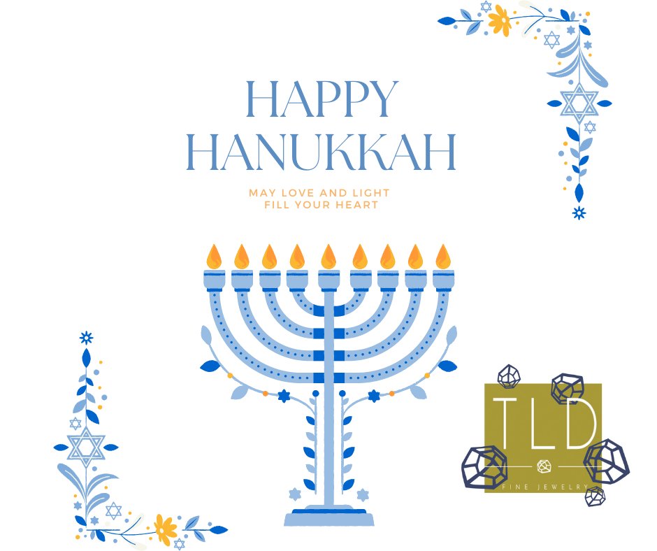 TLDFineJewelry's tweet photo. "May your holidays be as bright as a fully lit menorah." Wishing you all a very Happy Hanukkah! 
#happyhanukka #tldfinejewelry https://t.co/EDn2yr360Y