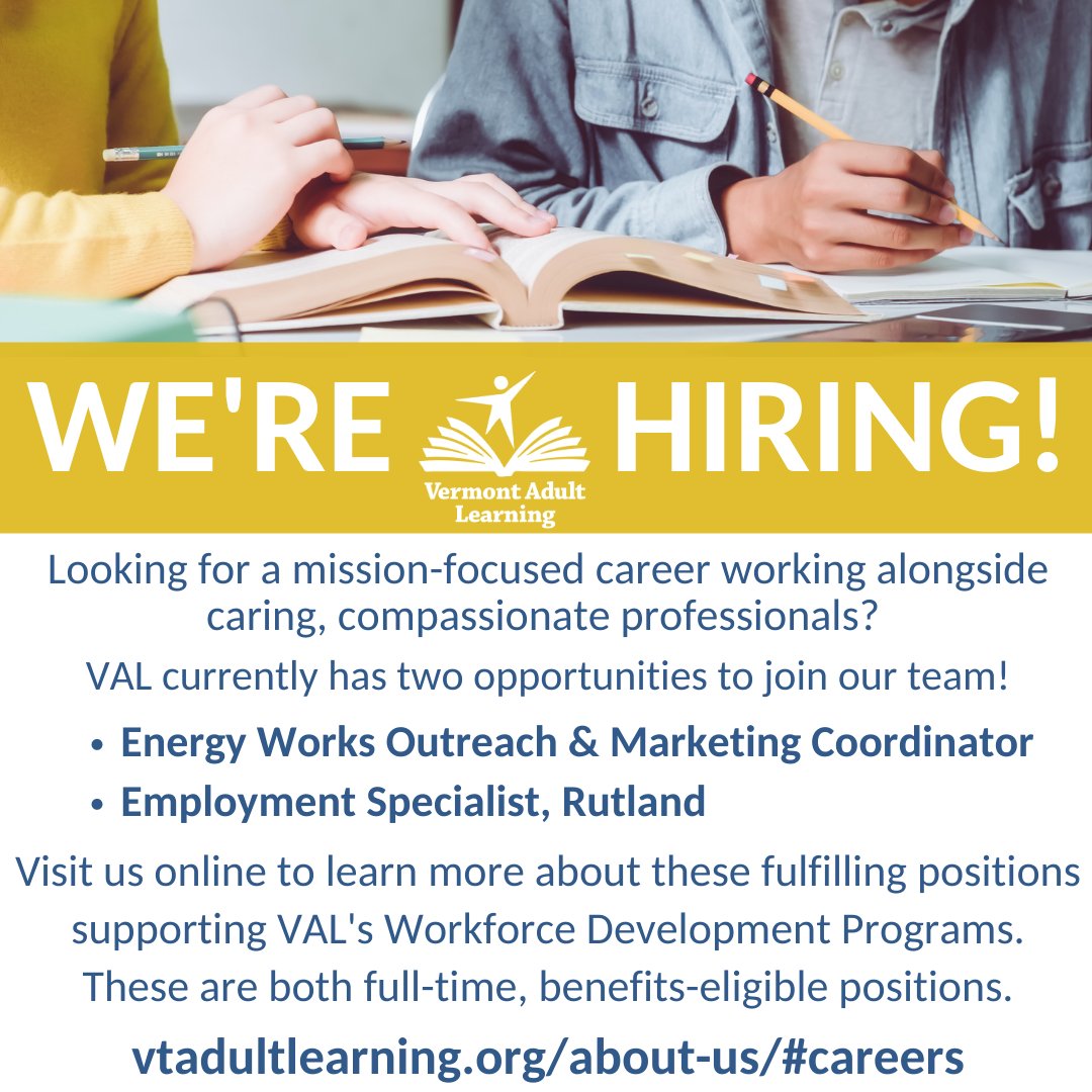 VTAdultLearning's tweet image. VAL is hiring! We have two exciting opportunities to join our team. Visit us online at vtadultlearning.org/about-us/#care… to learn more and apply!