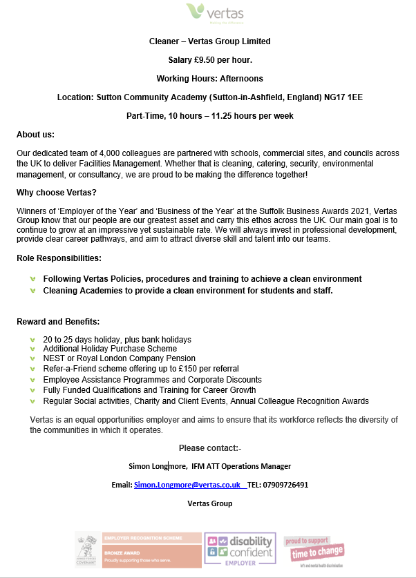 SuttonAcademy's tweet image. Vertas, our Facilities Management Company, are looking to recruit a hard-working 'cleaning operative' to join the team here at SCA. Part-Time, 10 – 11.25 hours per week. If you would more info. please contact Simon, on the details below. #Jobs #vertas #scafamily #thesuttonway