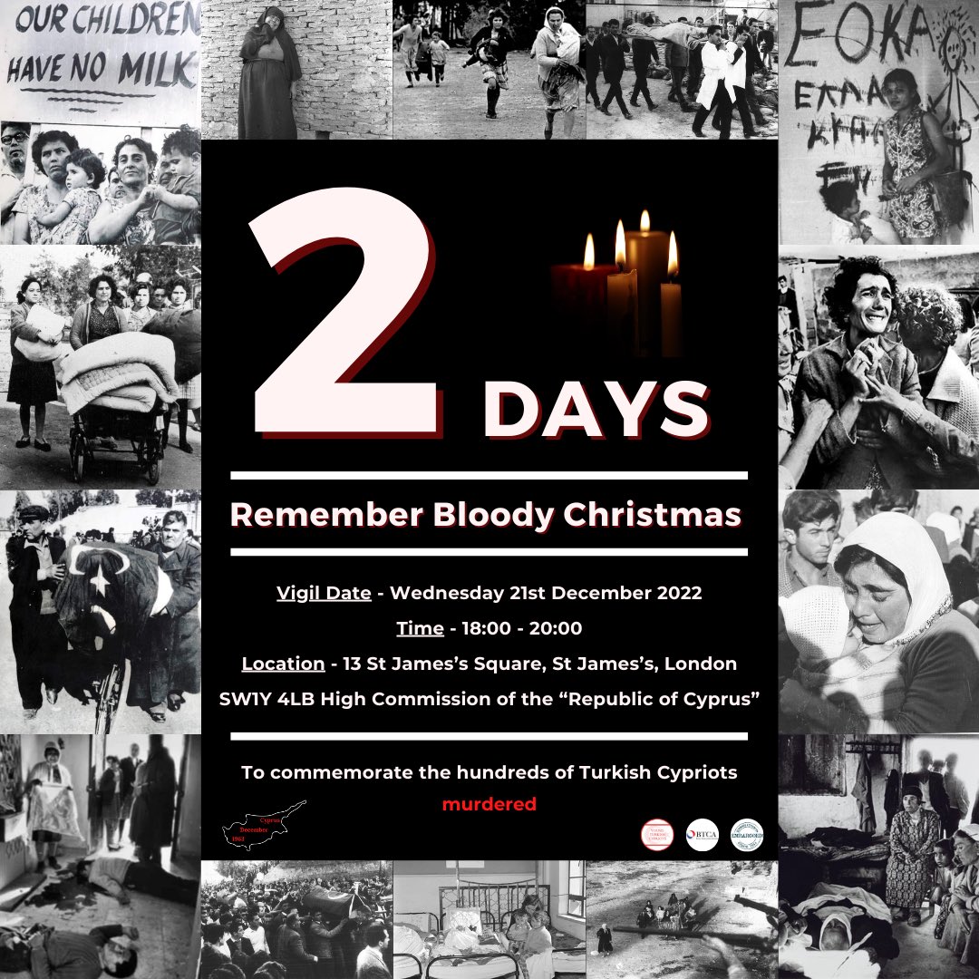2 DAYS TO GO. On Wednesday night a vigil will be held to commemorate all those killed during the Bloody Christmas massacres outside the GC embassy in London🕯️

We hope to see many of you come &amp; pay your respects to those lost during this horrific time🤲

#BloodyChristmas1963