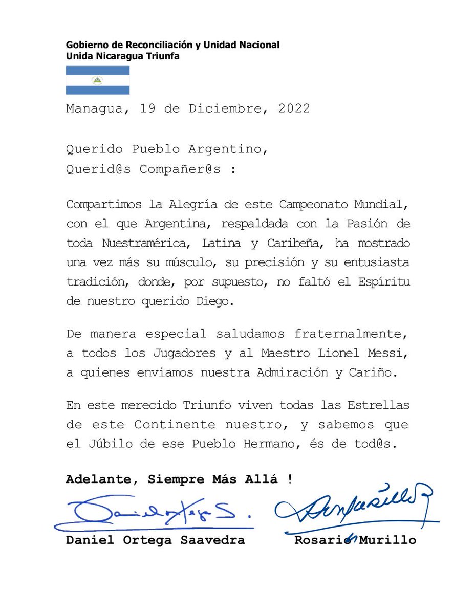 Canal6Nicaragua's tweet photo. Mensaje de felicitaciones del Gobierno de #Nicaragua 🇳🇮 al pueblo de #Argentina 🇦🇷 tras lograr el Campeonato Mundial en #Qatar2022 https://t.co/ImRmavW0ly