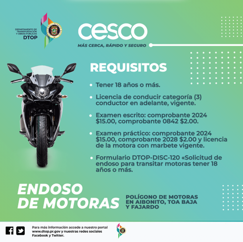 DTOP's tweet photo. ¡Motociclista! Ahora puedes obtener tu endoso de motoras en los polígonos de Aibonito, Toa Baja y Fajardo.
Requisitos y detalles 👇
#seguridadvial #noticiaspr #motociclistas #motoras #carretera #salud #accidentespr #PuertoRico @fortalezapr @prsecdtop @Metropistas @DronChinita https://t.co/v2X0CD6sbr