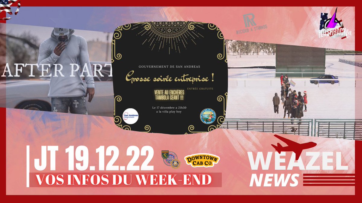 Weazel_fbackFA's tweet photo. 📢WEAZEL JT
🗣️Votre actualités de votre week-end.📝 

📰Votre reportage du 19/12 📰

❤️Likez 💬Commentez 👉Suivez

🎦https://t.co/bLUEqJxZqf

#Flashbackfa #Weazelnews #GTARP! https://t.co/Qfv0QtBFFT
