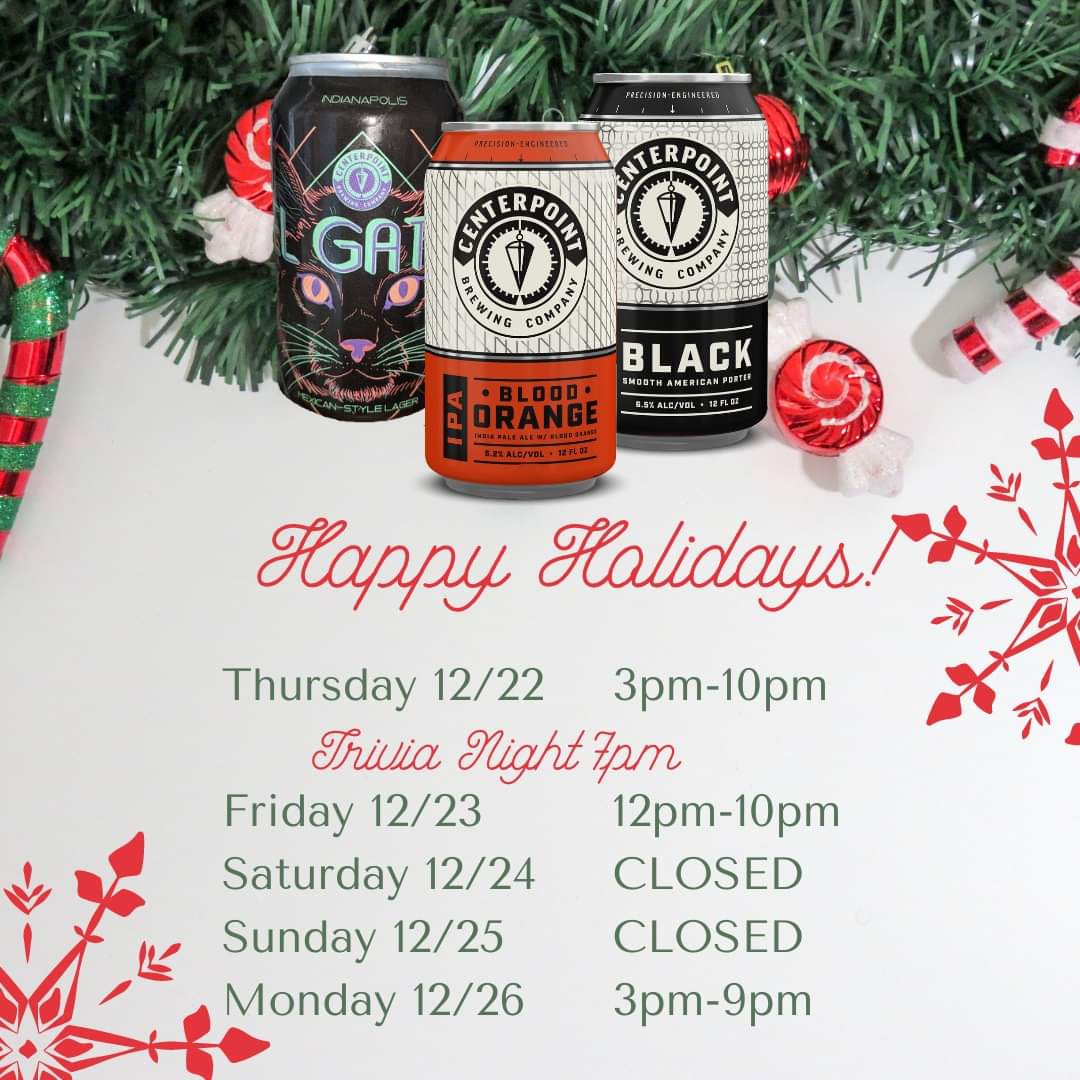 We'll be open regular hours this week other than being closed Saturday &amp; Sunday so our amazing crew can relax &amp; enjoy time with their families &amp; friends. Make sure to stop in &amp; stock up on cans &amp; growlers so you can bring Centerpoint with you wherever you go this weekend!