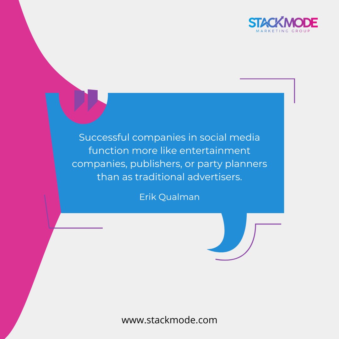 Stack_Mode's tweet photo. Successful companies in social media function more like entertainment companies, publishers, or party planners than as traditional advertisers. β Erik Qualman
#StackMode #MarketingGroup #socialmediamarketing #digitalmarketing #socialmedia #marketing #branding #business... https://t.co/0RjkUcfHwW