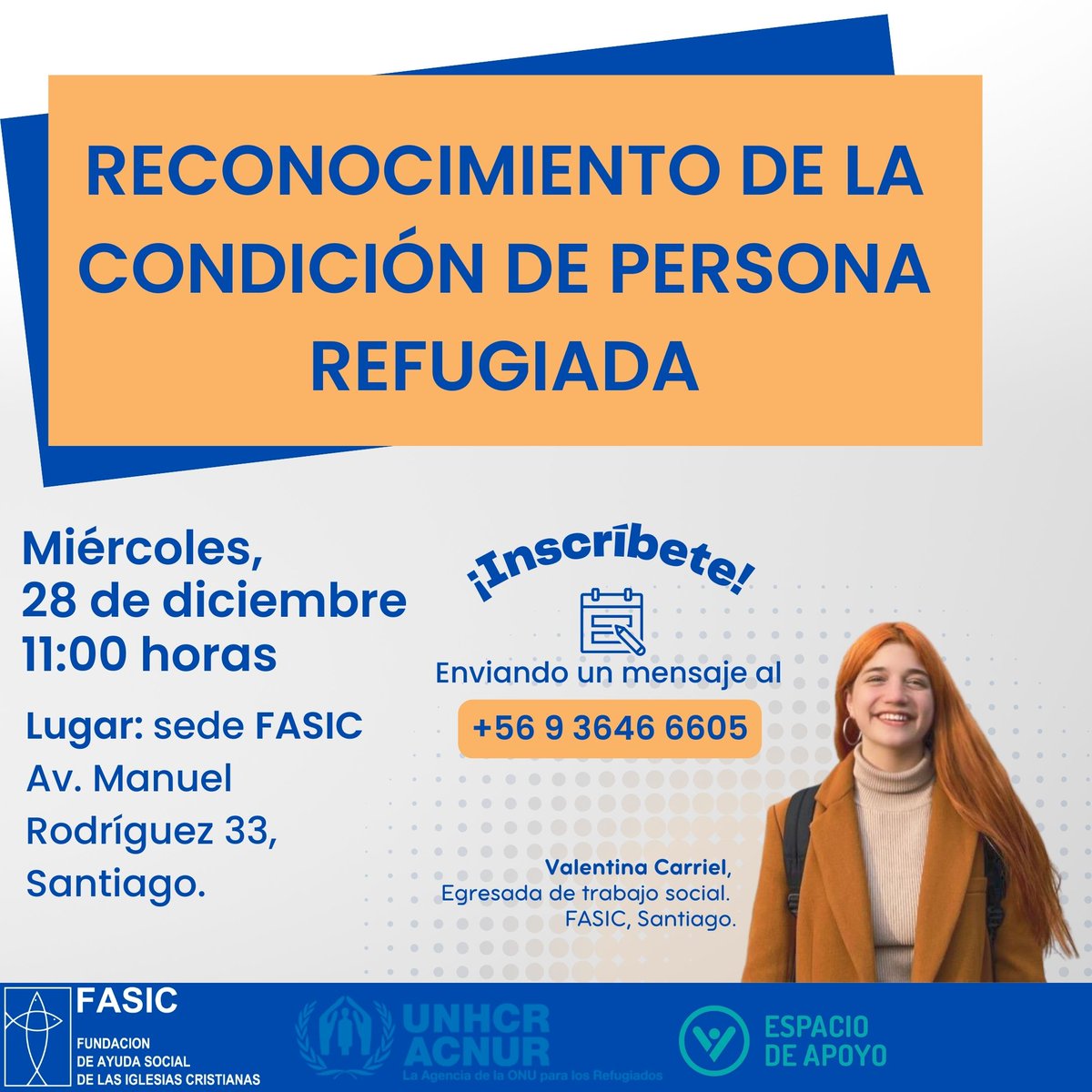 FASICDDHH's tweet image. 🙌 Si eres migrante y te encuentras en #Santiago te invitamos a participar en este taller sobre el &apos;Reconocimiento de la condición de persona refugiada&apos;, que tendrá lugar en la sede de #FASIC Santiago.
📆 Miércoles 28/12
🕧11:00 hrs.
¡Inscríbete aquí!
📲+569 3646 6605
