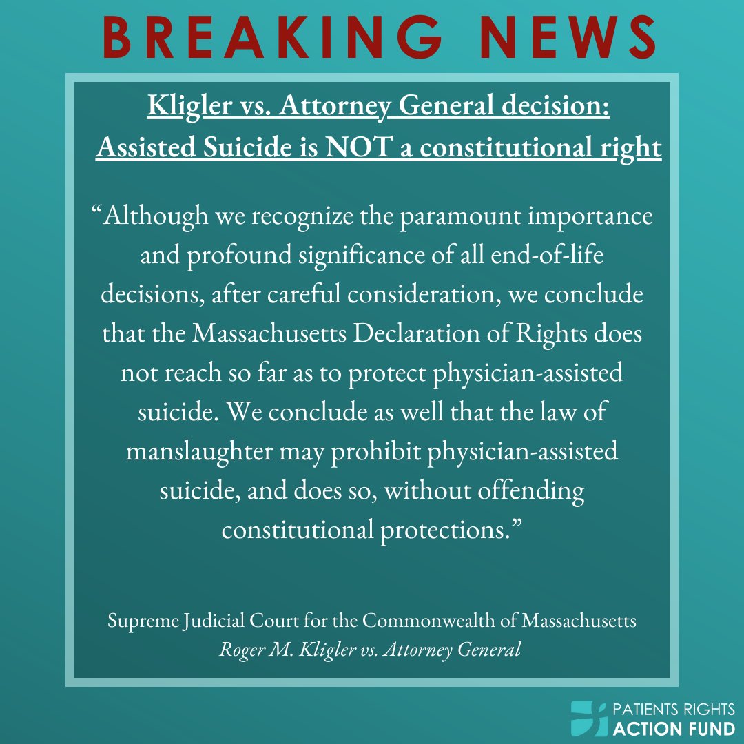 BREAKING NEWS

Kligler vs. Attorney General decision released: Assisted Suicide is NOT a constitutional right.