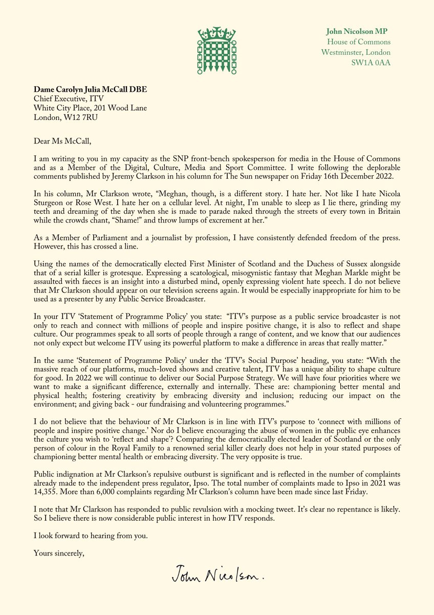 Following grotesque comments made about the First Minster and The Duchess of Sussex, I do not believe Jeremy Clarkson should be allowed back on our screens. I've written to the Chief Executive of <a href="/ITV/">ITV</a>.