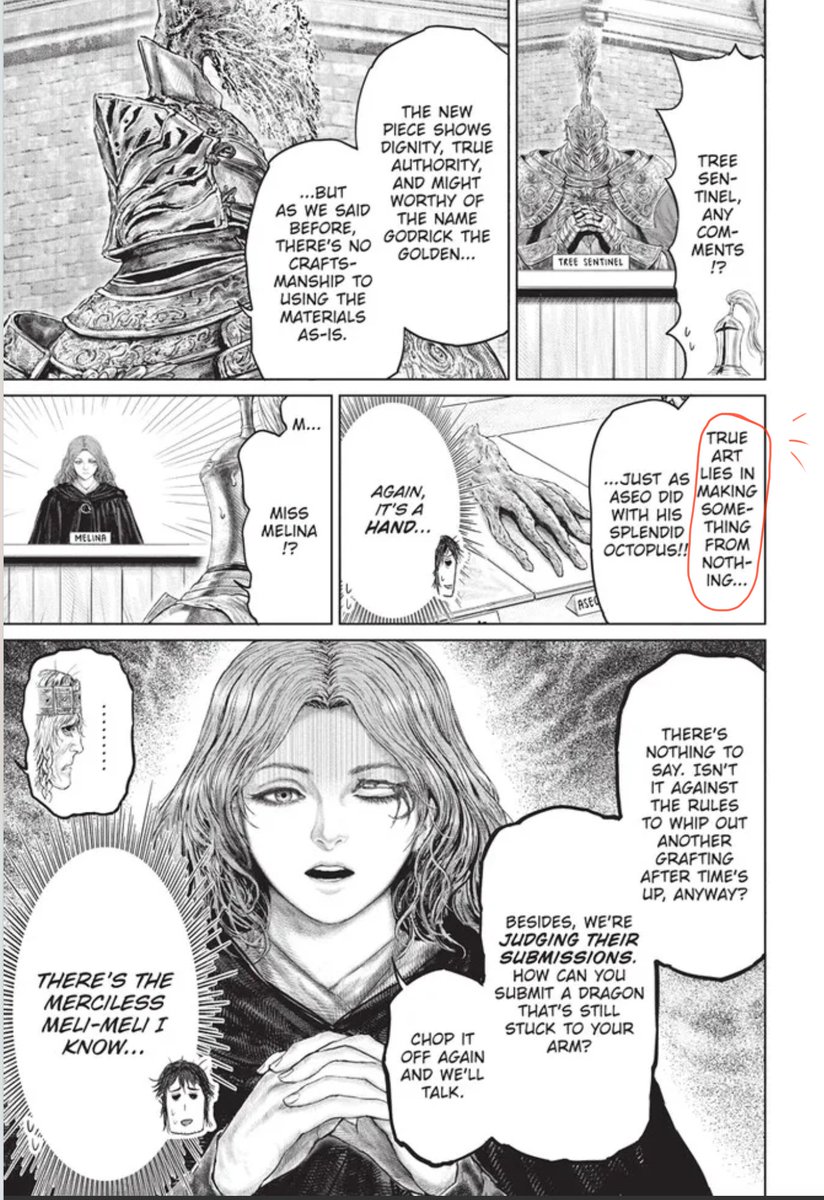 Kaek_art's tweet photo. Melina criticism over Godrick Grafted stuff, official Elden Ring manga X,D #eldenring #melina #melimeli https://t.co/2PZCs5WVb3