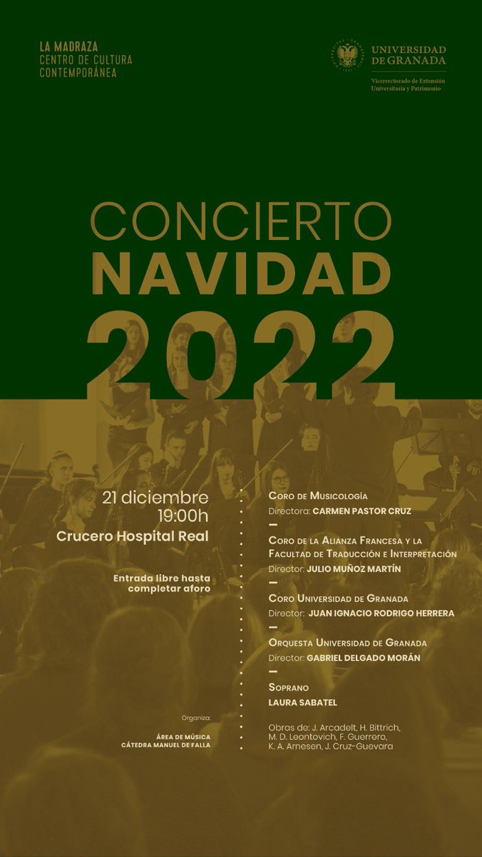 Tras su reciente éxito, nuestro Coro CAFTI (AFG+ <a href="/factradUGR/">factradUGR</a>) vuelve a los escenarios. Esta vez participará en el Concierto de #Navidad 2022, organizado por la Cátedra Manuel de Falla #UGR.

📍 Crucero del Hospital Real
📅 21 diciembre 
🕢 19 h