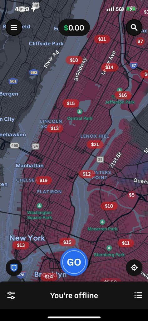 NYTWA's tweet photo. Striking Uber drivers sharing their screens in the app: “You’re offline”
All that red is where Uber is surging because a shortage of drivers.
#UberStrike https://t.co/ASw02A8UlS