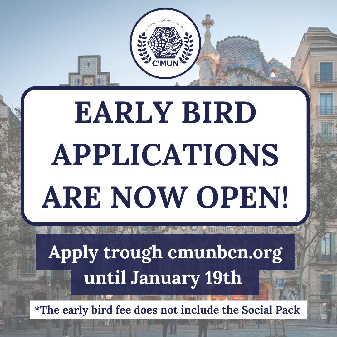 📆 Early bird delegate applications for C’MUN 2023 will be open until January 19th, and you can already apply at cmunbcn.org/apply/

⚠️You must make the early bird payment before these applications close in order to have the early bird fee validated