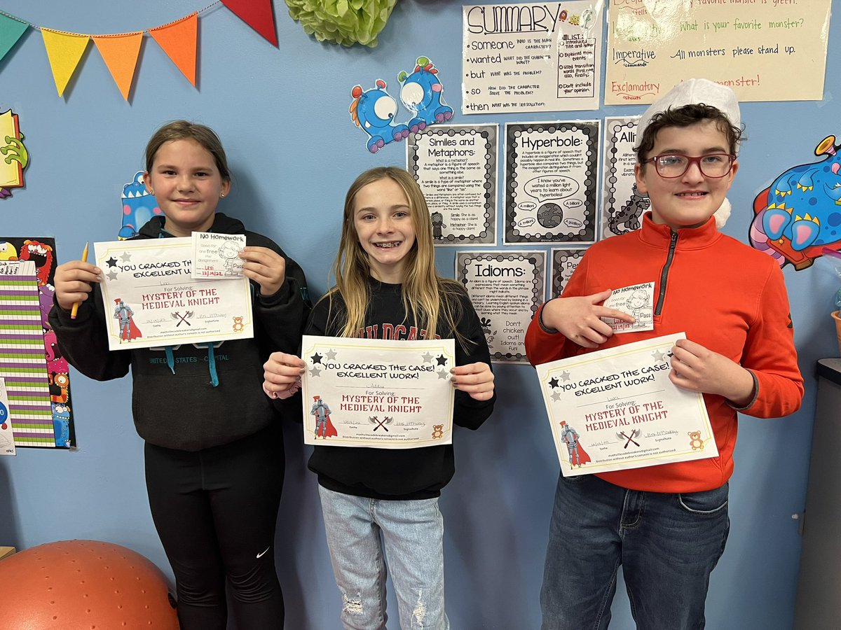 McTeacher5's tweet image. This group of 3 escaped first! Math escape room - Mystery of the Medieval Knight (module 3). #mcconkeymonsters #4teamvalley #codeville