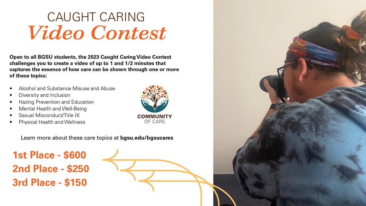 Compete for $1000 worth of prizes in the Caught Caring Video Contest. Entries are due Wednesday, February 8 at 5 PM. Read all of the contest details and get your entry packet online at bgsu.edu/wellness. Show us how BGSU cares!