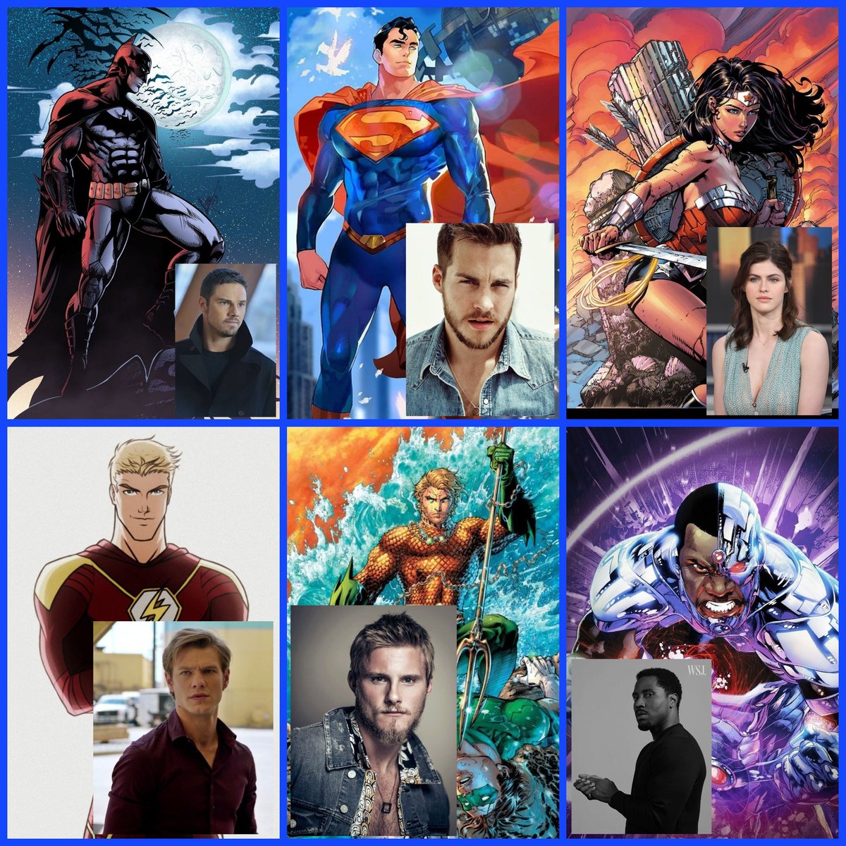 Zubzie3's tweet photo. My fan-casting of @JamesGunn &amp; Peter Safran's #DCStudios characters in the lead-up to a JL film.

Batman - Jay Ryan
Superman - Chris Wood
Wonder Woman - Alexandra Daddario
The Flash - Lucas Till
Aquaman - Alexander Ludwig
Cyborg - John David Washington
Green Lantern - Zac Efron https://t.co/LMMAS2atju
