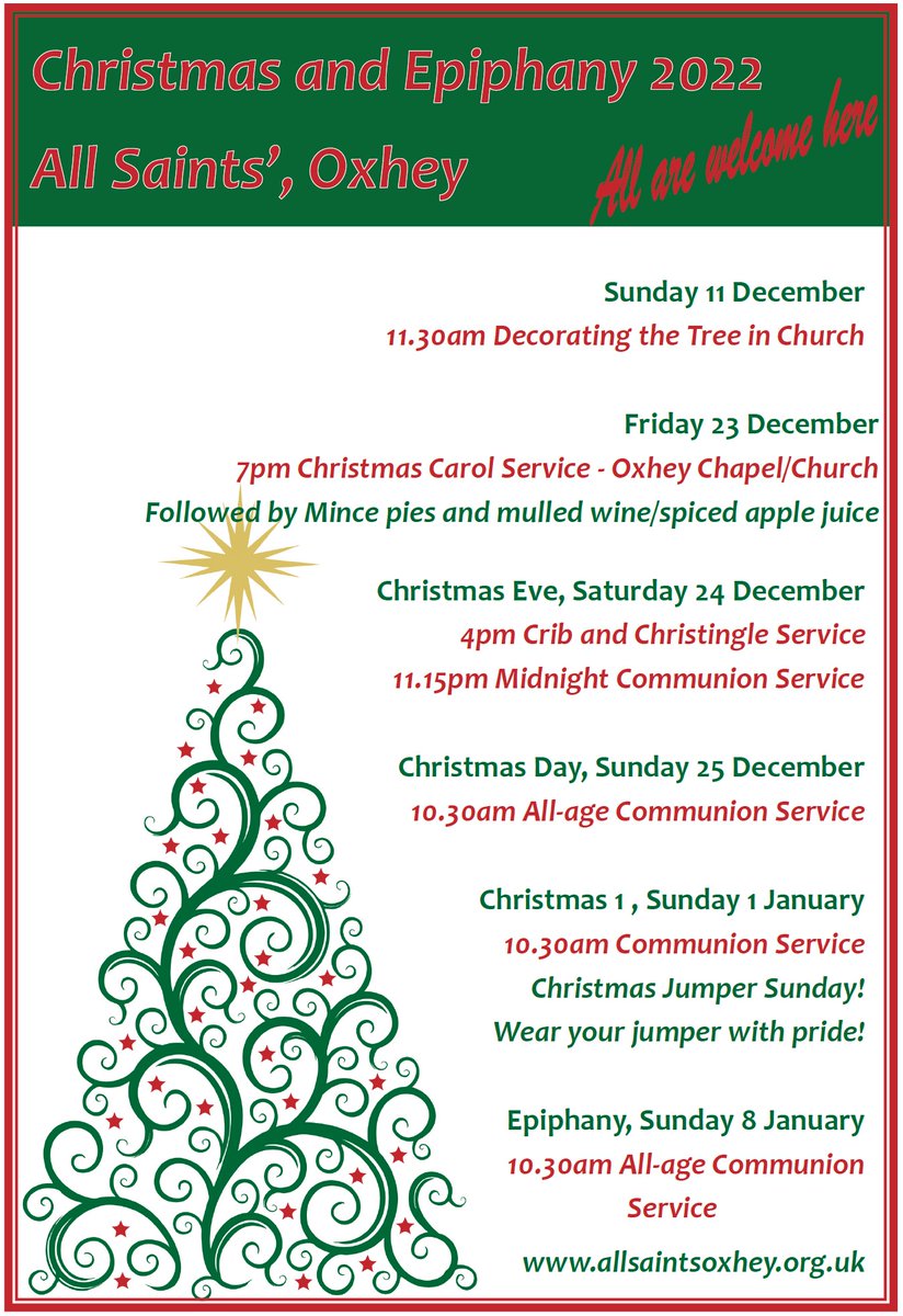 allsaintsoxhey's tweet image. Join us at All Saints Church this Christmas.
Friday 7pm - Carol Service with accordions and candles in Oxhey Chapel.
Christmas Eve 
4pm - Crib and Christingle Service, for the young and young at heart.
11:15pm - Midnight Communion Service
Christmas Day 10:30am - All Age Communion
