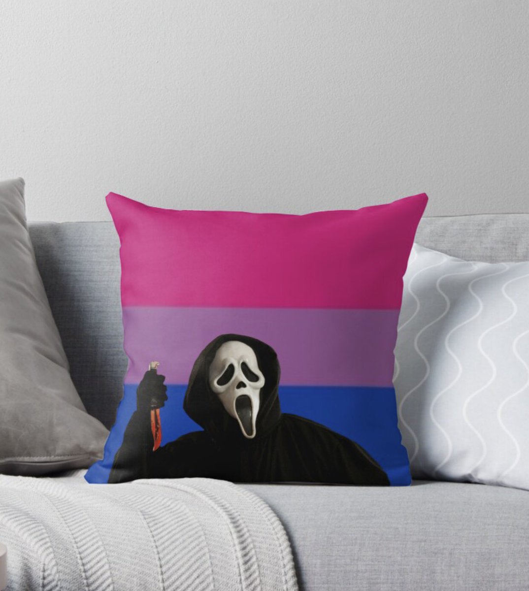 bisexual pride ghostface shirts, pillows tote bags, stickers, art prints, posters &amp; phone cases available on my redbubble store link in bio