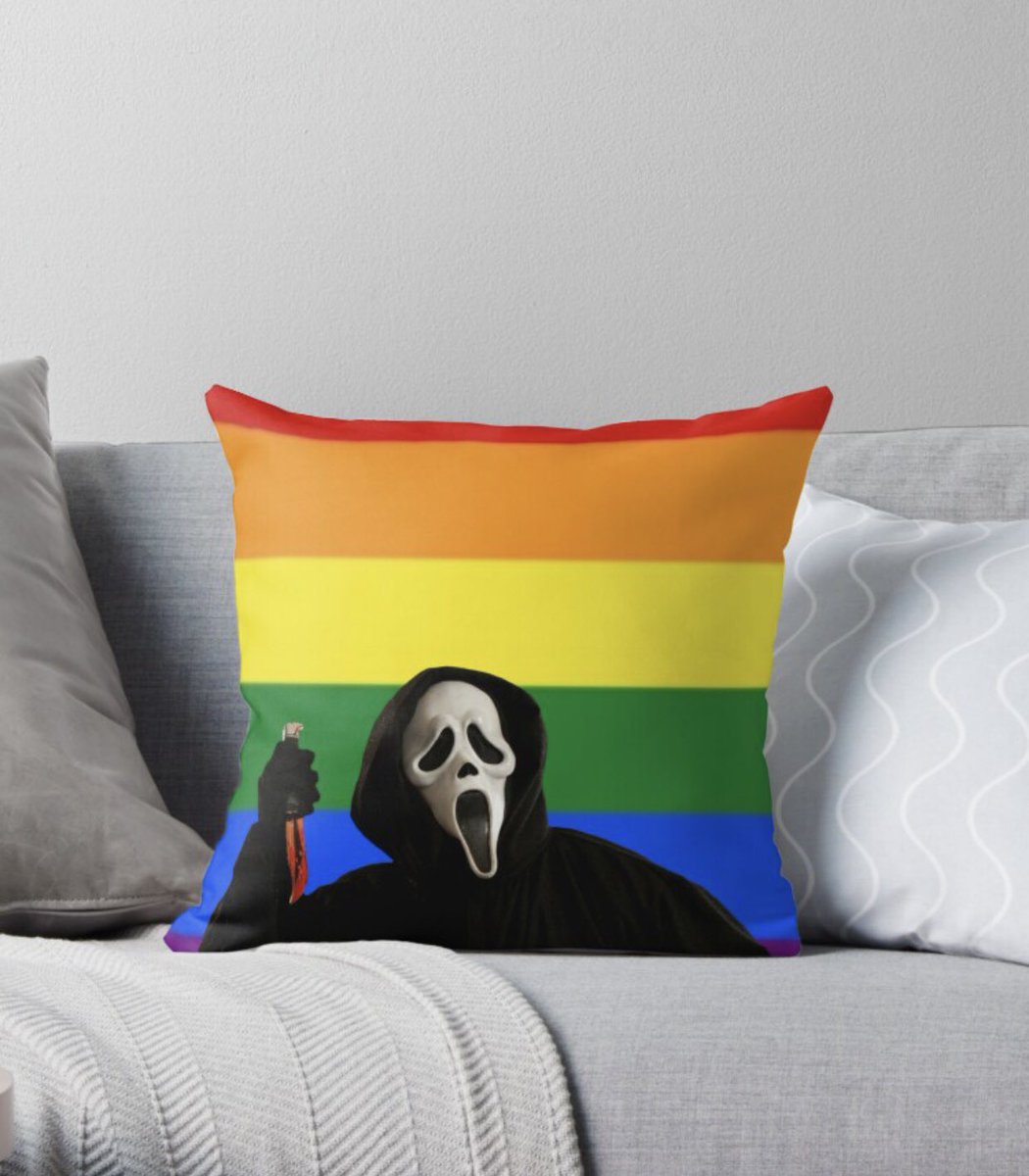 gay pride ghostface shirts, pillows tote bags, stickers, art prints, posters &amp; phone cases available on my redbubble store link in bio